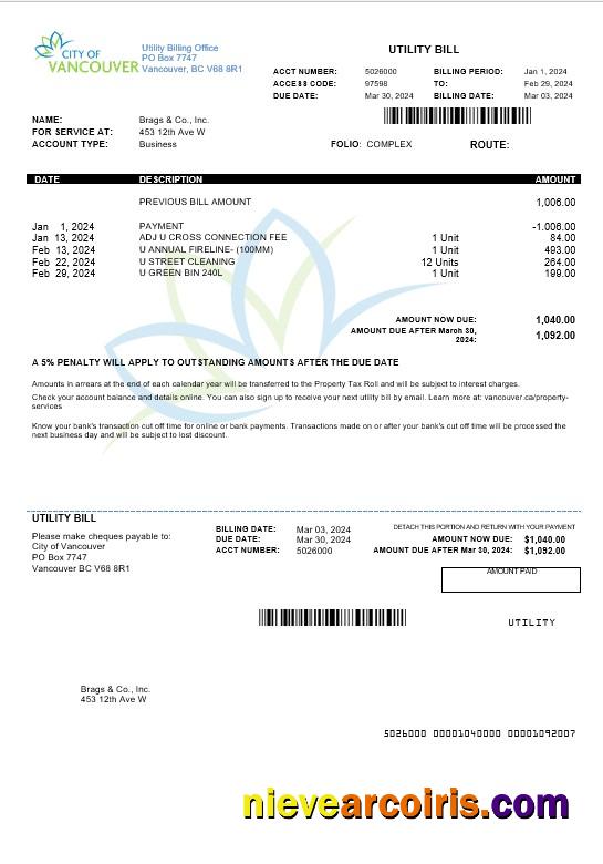 Canada British Columbia City of Vancouver business utility bill